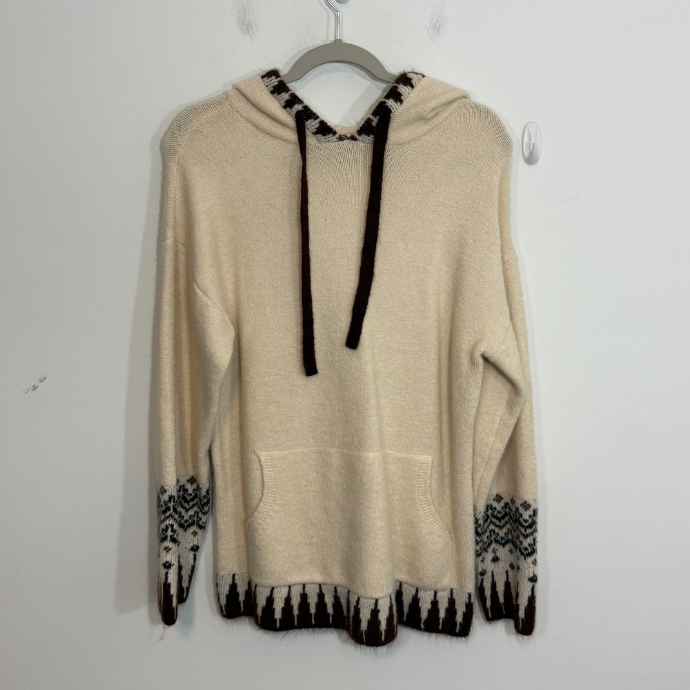 Jodifl Womens Sweater M Cream Brown Boho Southwestern Knit Hoodie Cozy Comfy